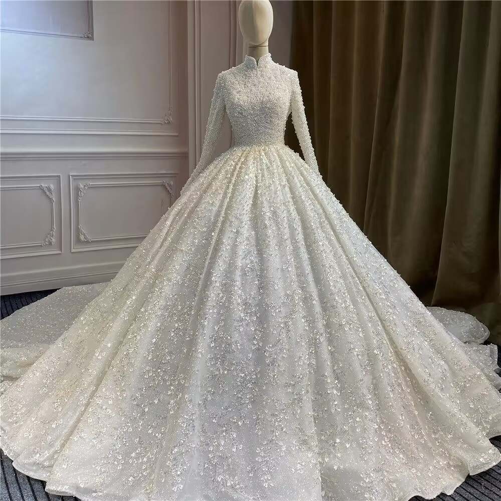 Ball Wedding Dresses High Neck Long Sleeves Bridal Gown Sequins Pearls Sweep Train Customized Dress Custom Made vestidos de novia