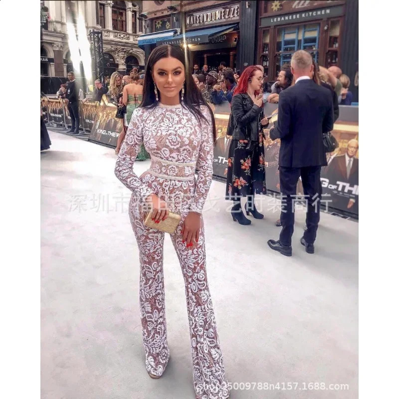 Sexy long sleeved O-neck high waistband hollow embroidered sparkling pants an elegant womens lace tight corset jumpsuit 241031