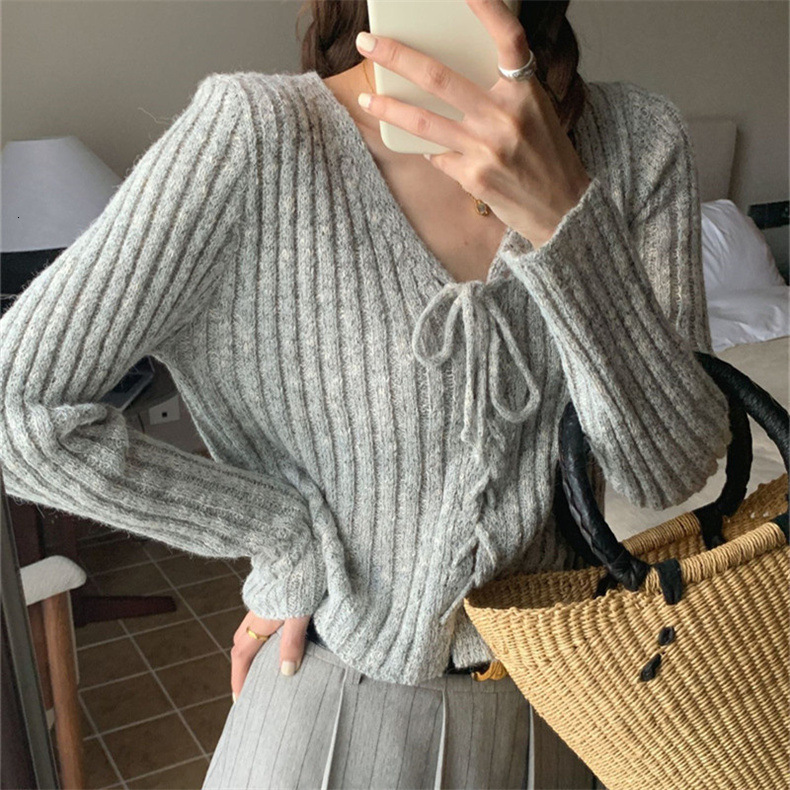 Autumn New Korean Version V Neck Pit Stripe Knitted Sweater Short Slim Fit Design Lace Up Long Sleeved Top For Women F1105#28