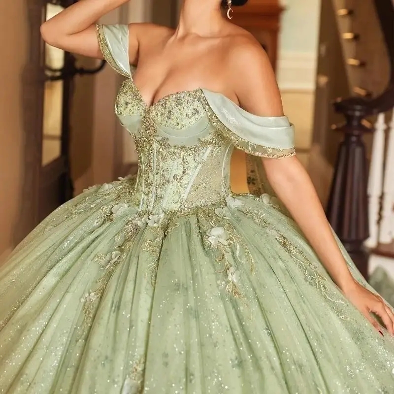 Sparkly Mint Green Princess Quinceanera Dresses Off Shoulder Ball Gown Sequin Appliques Lace Crystals Beads Tull With Cape Sweet 16 Dress
