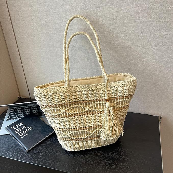New designer straw beach summer handmade bag handbag with tassel shoulder paper rope women's net name woven bag fashion bag