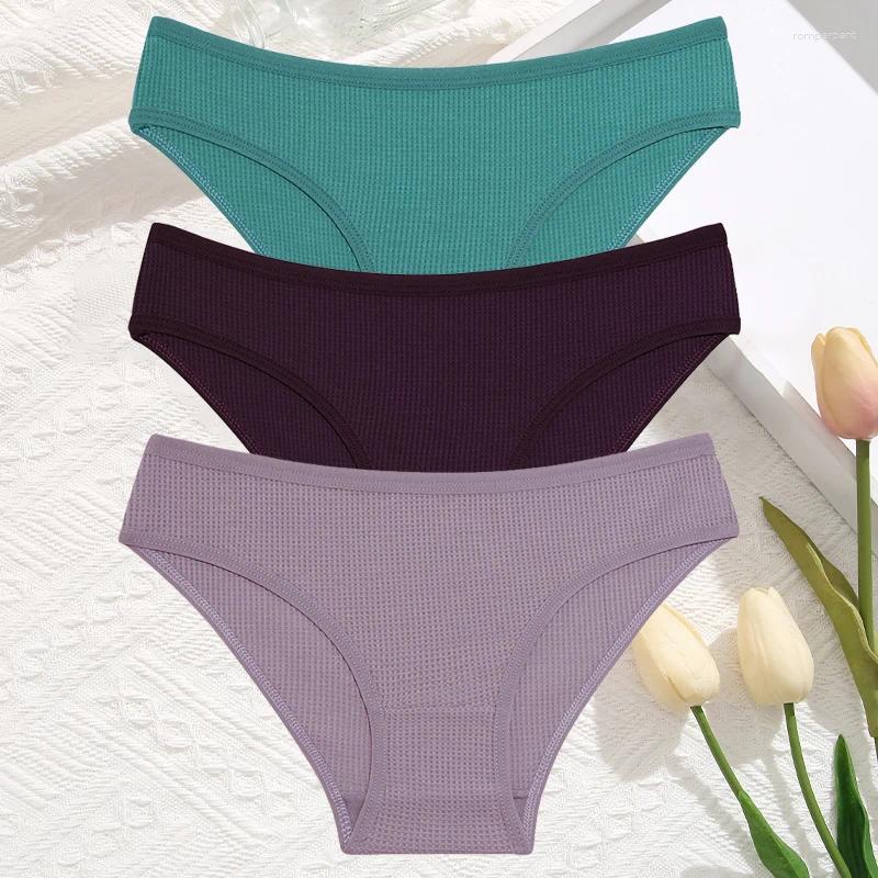 Women's Panties 3Pcs/Set Sexy Waffle Plaid Cotton Briefs Women Solid Color Low Waist Female Soft Breathable Lingerie Comfort Underwear