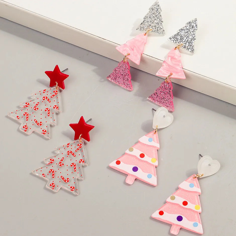 Pink Glitter Christmas Tree Acrylic Earrings for Women Girls Cute Sweet Plant Geometric Long Dangle Earring Party Jewelry 241105