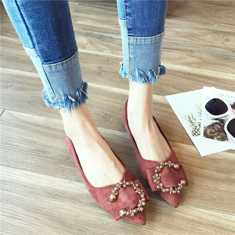 Korean Spring And Autumn Versatile Metal Buckle Pointed Shallow Mouth Suede Women's Comfortable Soft Bottom Fairy Style Flat Single Shoes For Wom