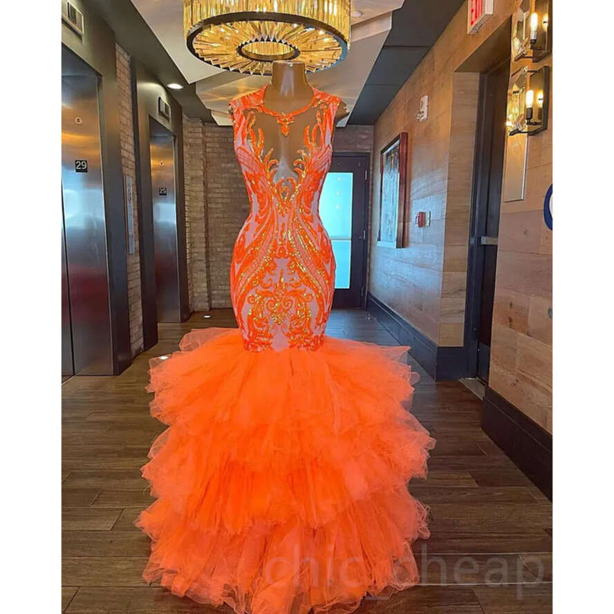 Ebi Orange Arabic Aso Mermaid Prom Dresses Sequined Lace Evening Formal Party Second Reception Birthday Engagement Bridesmaid Gowns Dress ZJ