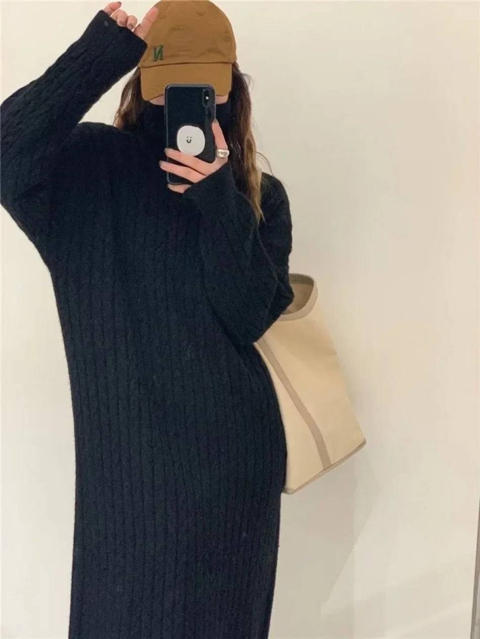 Winter Womens Sweater Dresses Korean Version Casual High Collar Loose Thickened Warm Pullover Long Dress Women Clothes 241021