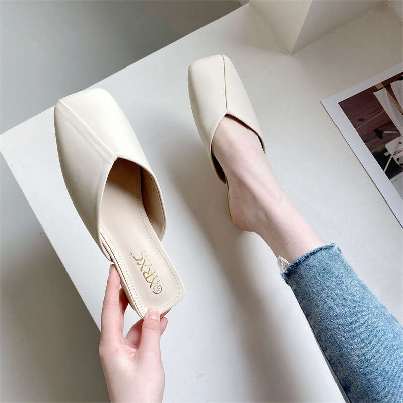 Fashionable Half Slip Slippers Spring 2023, Simple French Style Elegant Square Head With Low Heel, Wearing A Hooded Cool Slipper For Women