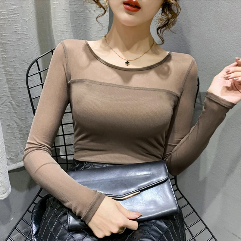 Autumn Winter Round Neck T shirt Women Sexy Mesh Bottoming Shirt Long Sleeve Solid Color Slim Fit Casual Tops 241029