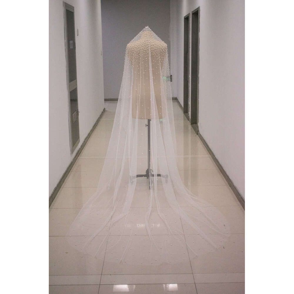 Cathedral Bridal Soft Lace Ivory White Champagne Pearls Veil With Comb Wedding Accessories Veu Velo Noiva