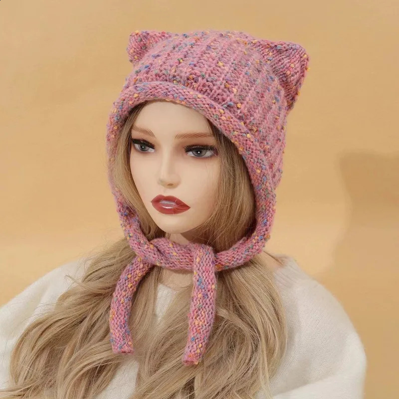 Cute Knitted Cat Ear Hat Y2K Fashion Crochet Protector Wool Cap Women Winter Warm Pullover Girl Wrap Head Bonnet Beanies 241105