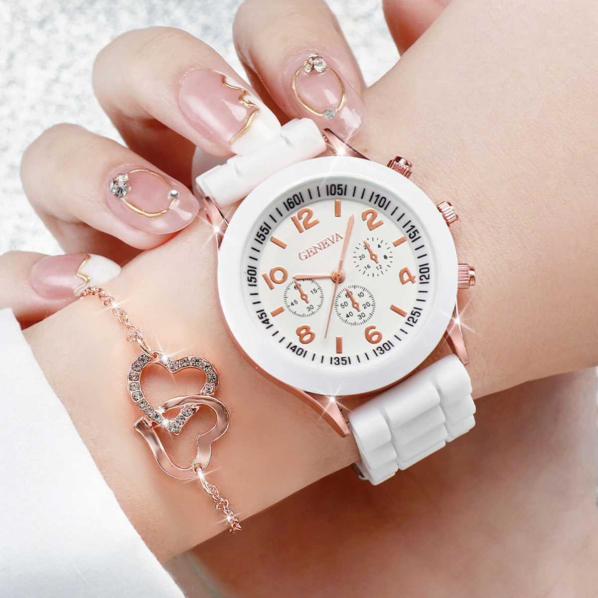 6-piece/set Warm Fashion Silicone Strap Quartz Watch with Shaped Jewelry Set X241106