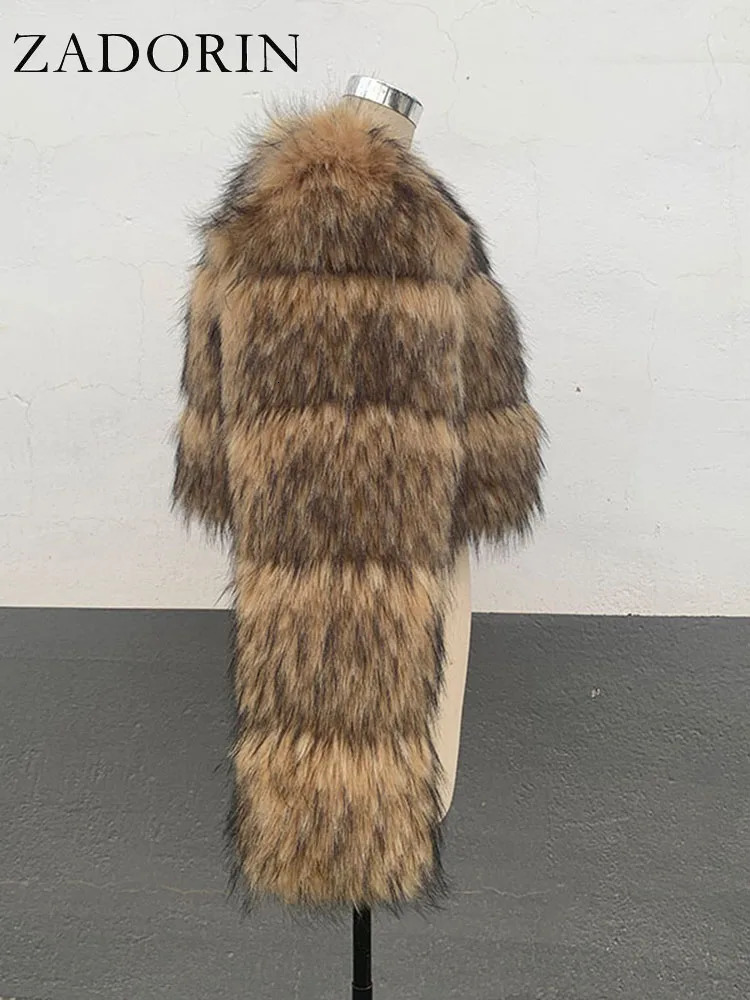 ZADORIN High Quality Cropped Faux Raccoon Fur Coat Women Winter Fashion O Neck Long Sleeve Fluffy Short Jacket Crop Top 241104