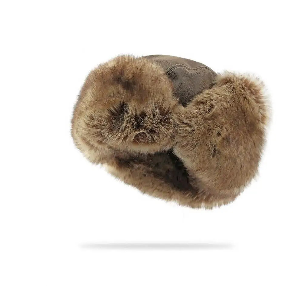Winter Mens Ear Hood Bomber Hat Artificial Leather Thick Plush 54-60cm Retro Pilot Style Outdoor Warmth YF0201 241106