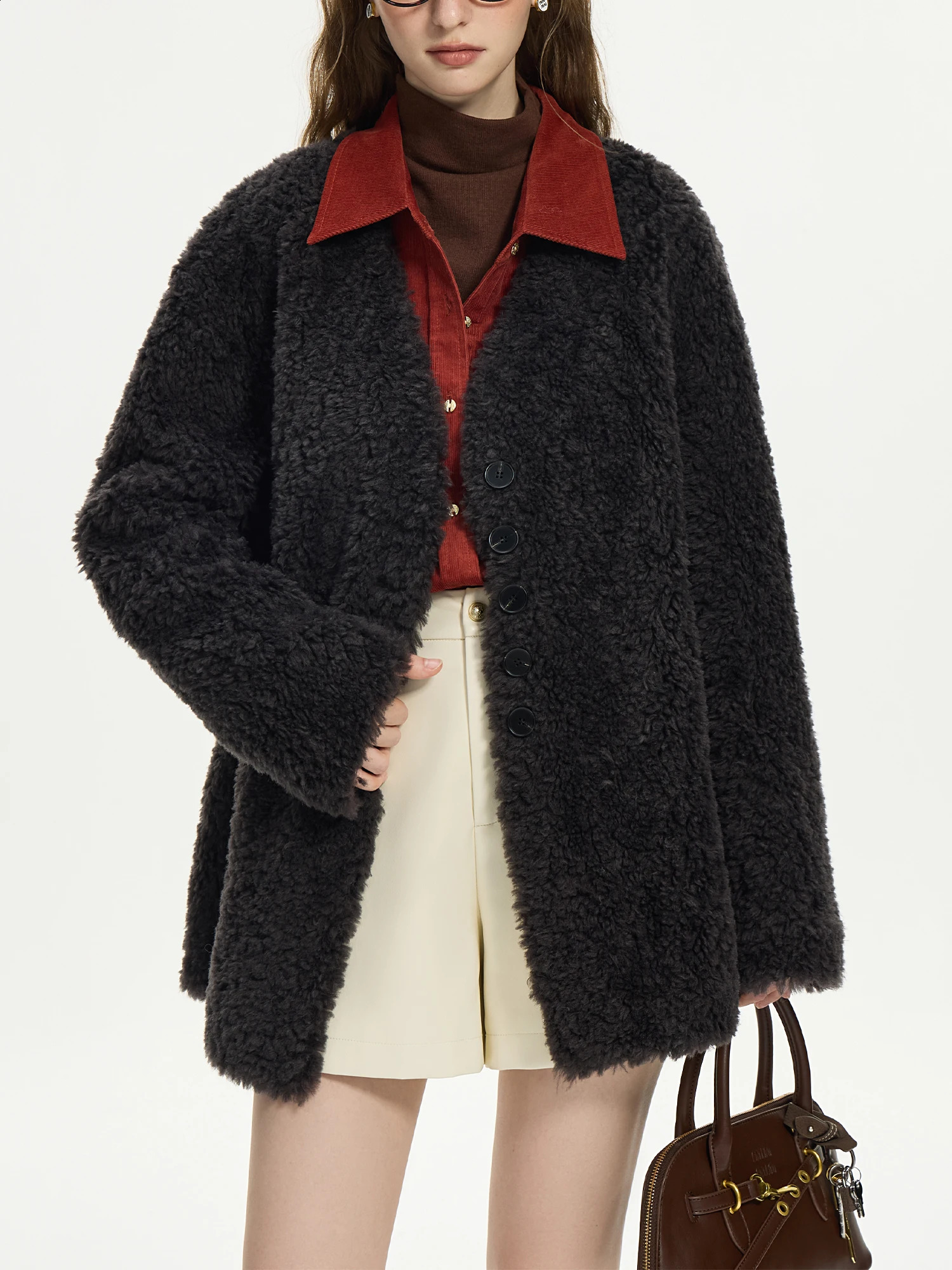 FSLE 100% Wool Women Khaki VNeck Warm Jackets Gentle Winter Loose Coats DoubleFaced Fur Dark Coffee Coat 24FS14508 241104