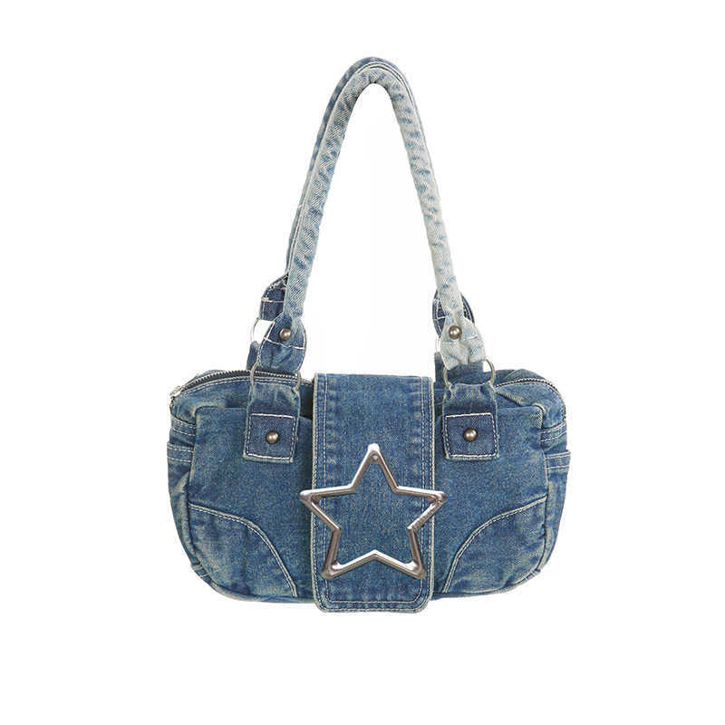 Fashionable metal pointed star decoration denim handbag, women's versatile washable distressed single shoulder armpit bag 241115