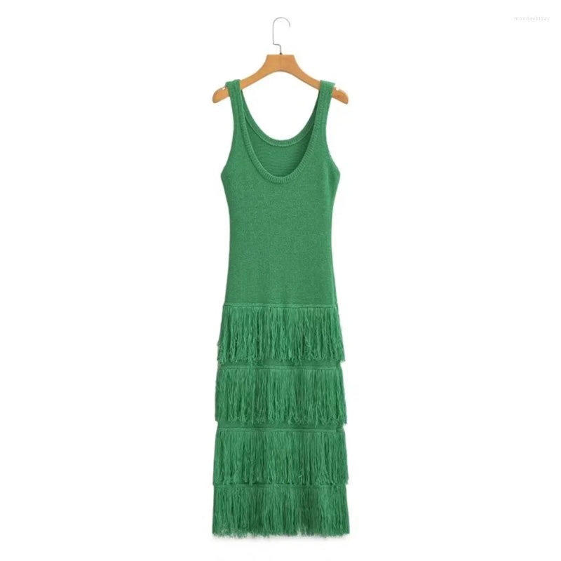 Autumn Women's Tank Top Skirt Long Sleeveless French Fringe Detail Knitted Dress