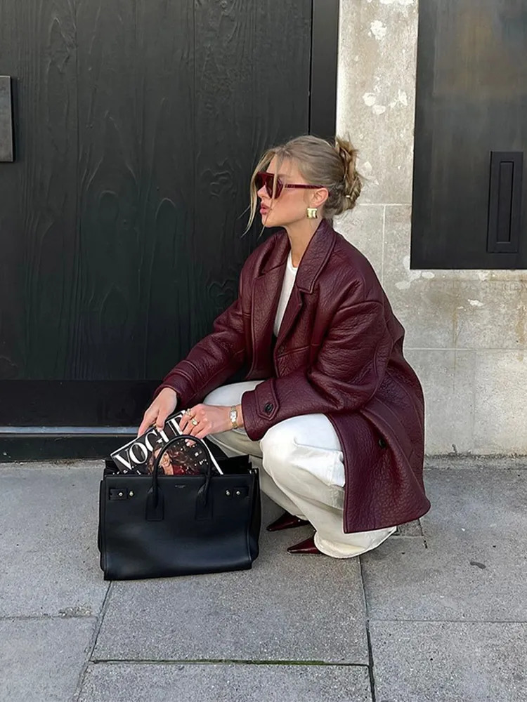 Fashion Double Breasted Burgundy Color Lychee Leather Jackets Women Chic Cropped Oversized Solid Coats Lady High Streetwear 2024 241106