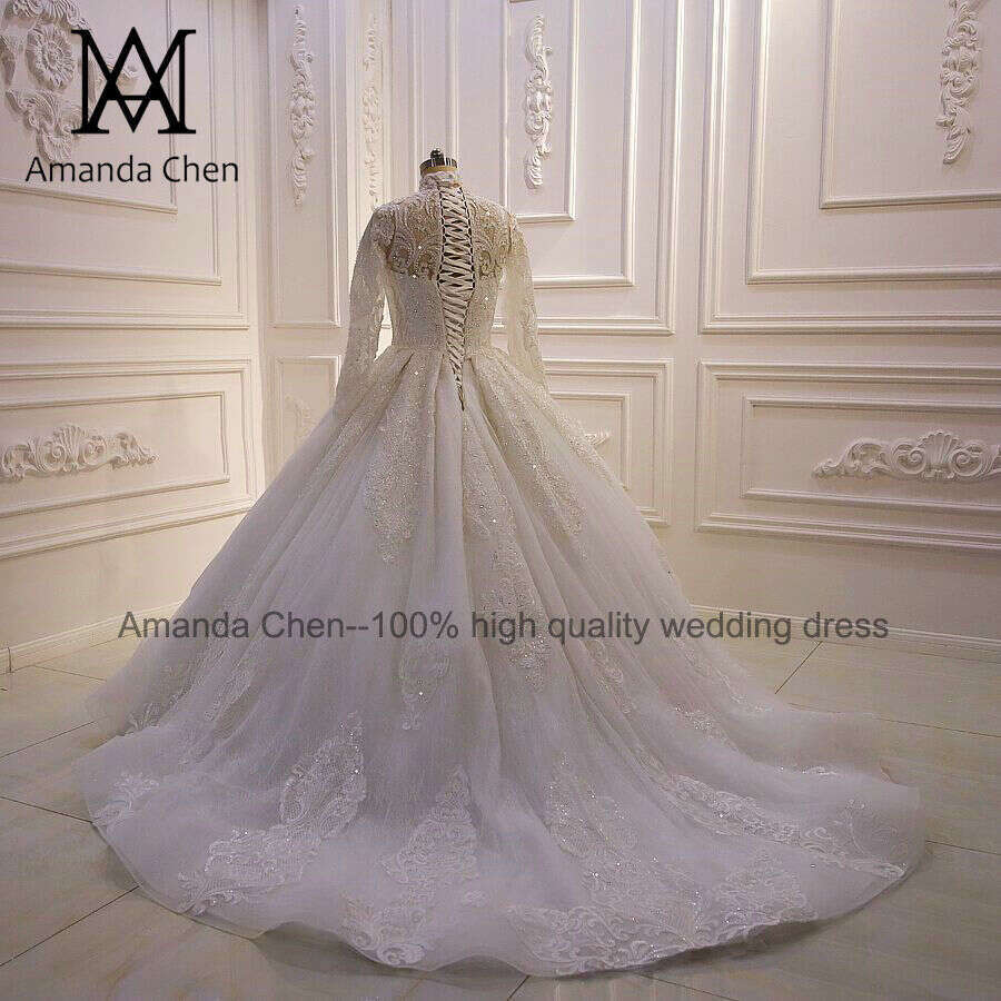 robe mariage femme High Neck Long Sleeve Lace Appliqued Wedding Dress