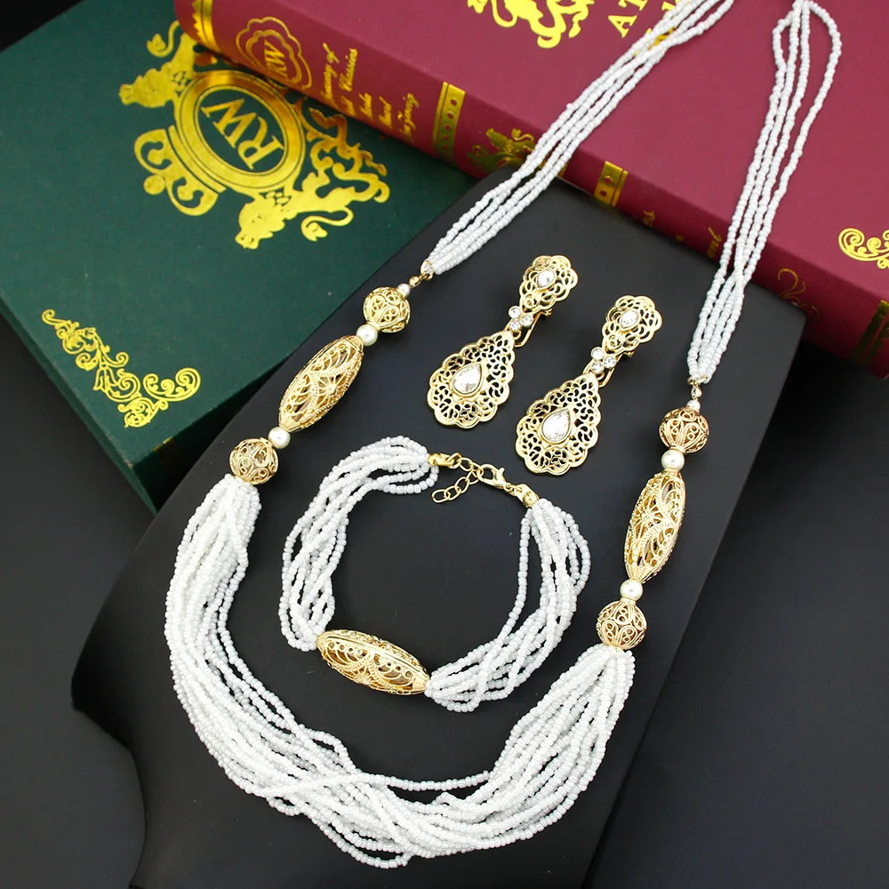 Sunspice Fashion Moroccan Handmade Bead Necklace Set Crystal Earrings Rope Bracelet Arab Women Bridal Bead Wedding Jewelry Set 241106