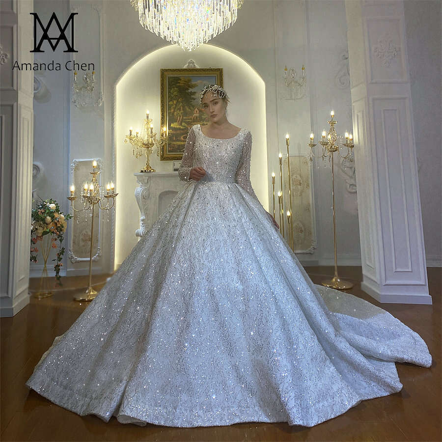 Square Neck Sleeve Lace Glitter Crystal Beads Long Train Wedding Dress