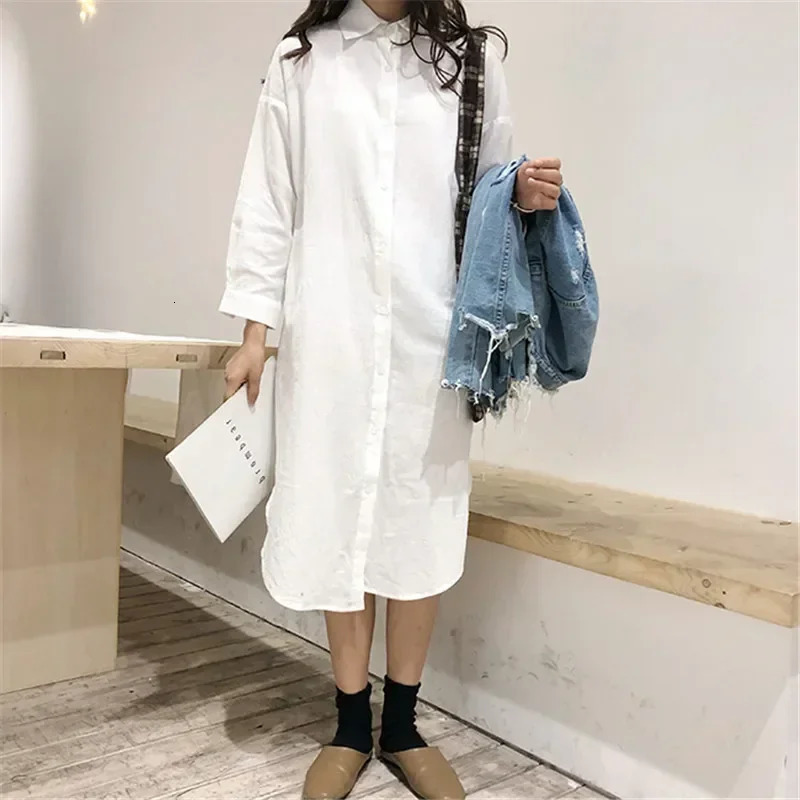 Long White Shirt Dress for Women Linen Cotton 2024 Spring Summer Casual Korean Clothing Vintage Oversized Midi Robe 241106