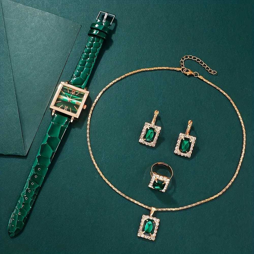 5 pieces/set of vintage square pointer quartz watch with simulated green watch and rhinestone jewelry set for M as a gift X241106