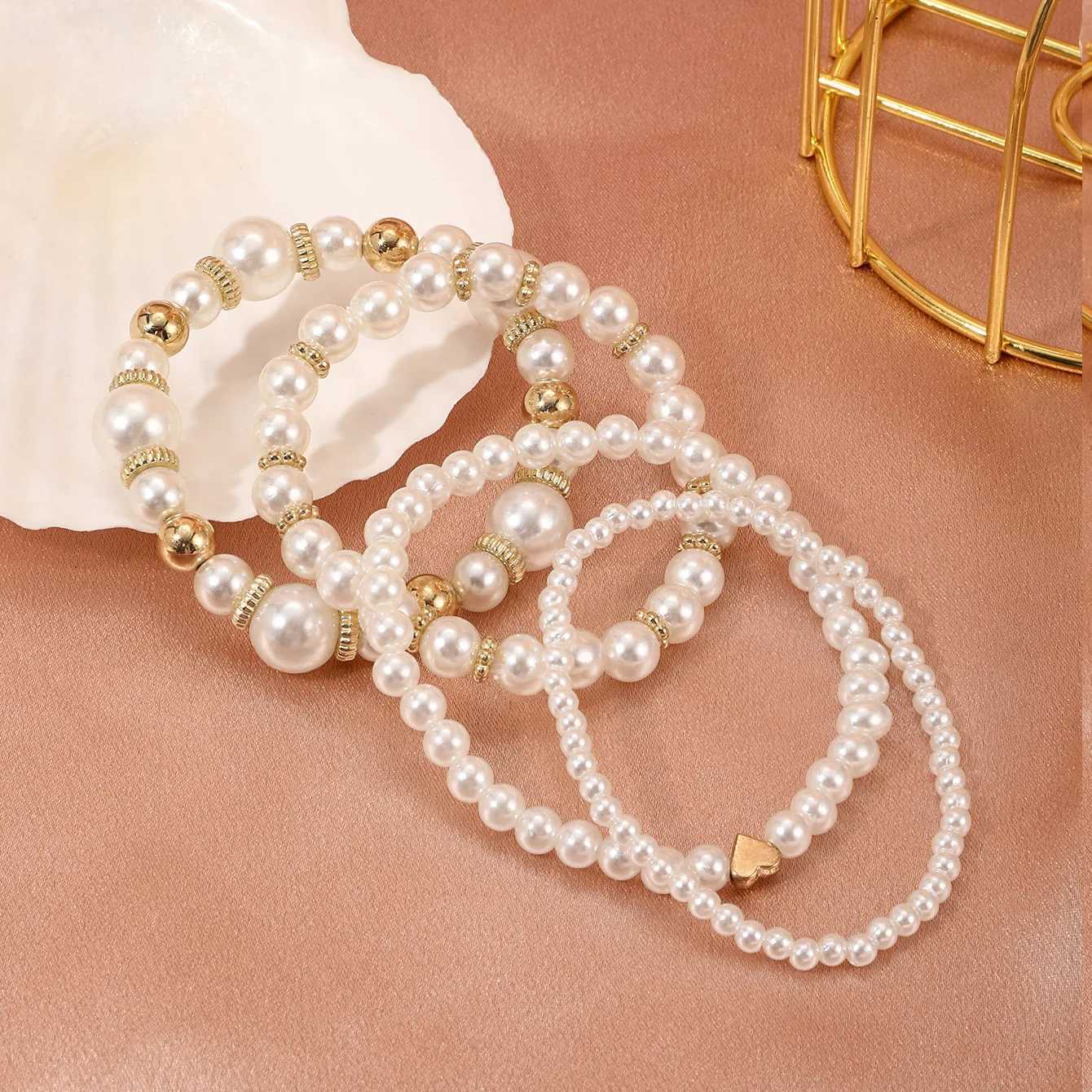 4-piece/set white pearl bracelet set suitable for warm and trendy elastic pearl bracelets elegant wedding party jewelry gifts X241106