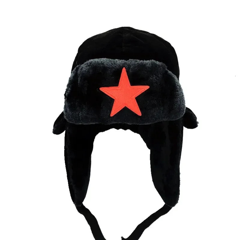 Boys Winter Hat Red Star Label Pilot Ski Bomber Hat Parents Children Hunter Earrings Black Russian Hat Fluffy Faux Artificial Fur 241106