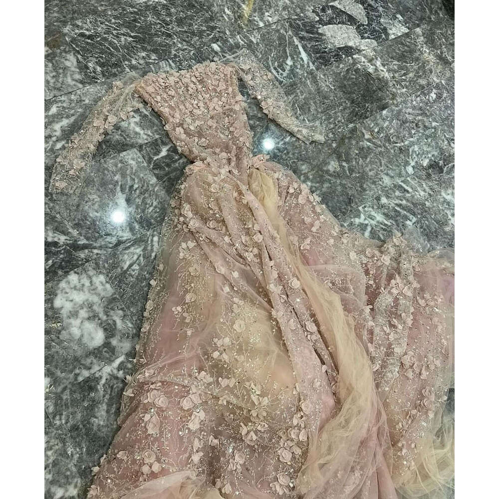 Elegant Pink ra Evening Dresses Hand Made wers Sequins Applique Lace Up Prom Party Gowns Long Sleeve Dress With Detachable Train