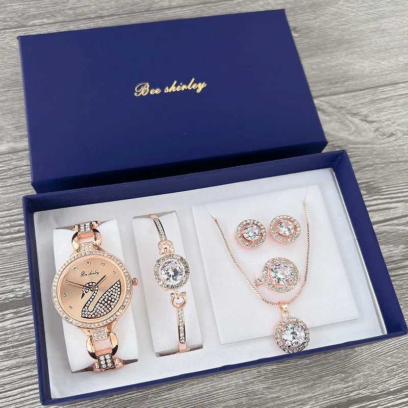 Wens Watch Swan 5pcs Fashion Quartz Watch Bracelet Box Wens Watch Set Jewelry Set Luxury Diamond Birthday Gift 10000 X241106
