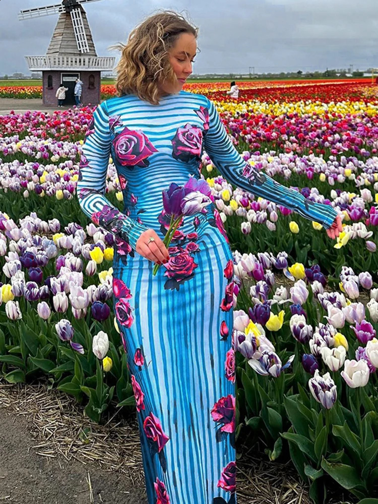 Weird Puss Rose Print Dress Women Autumn Trend Stripe Sexy Vacation Festive Revelry Party Elegant Stylish Y2K Maxi Bodycon