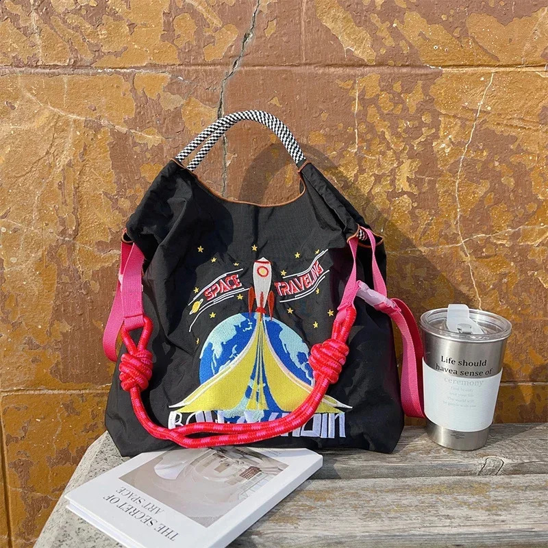 Draw String handbag Oxford fabric embroidered handbag reusable nylon handbag foldable shoulder bag foldable shoulder bag 241105