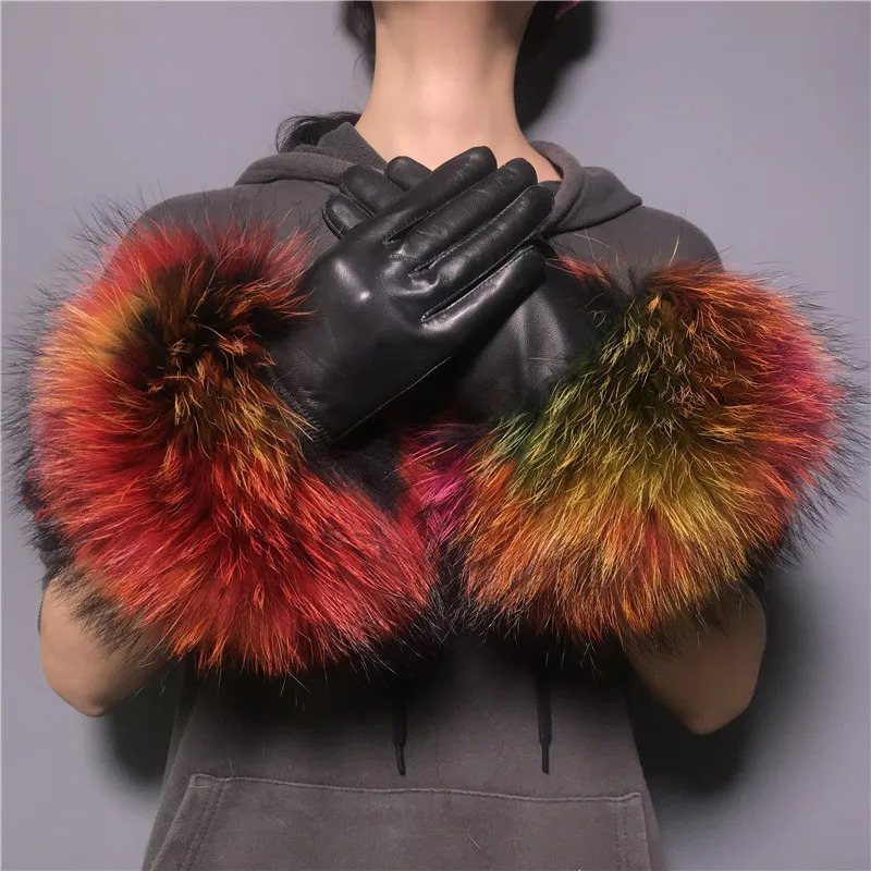 JxWatcher Wholesale Fox Fur Gloves Winter Womens Style Warm Sheepskin Leather Gloves Driving Thick Gloves 241106