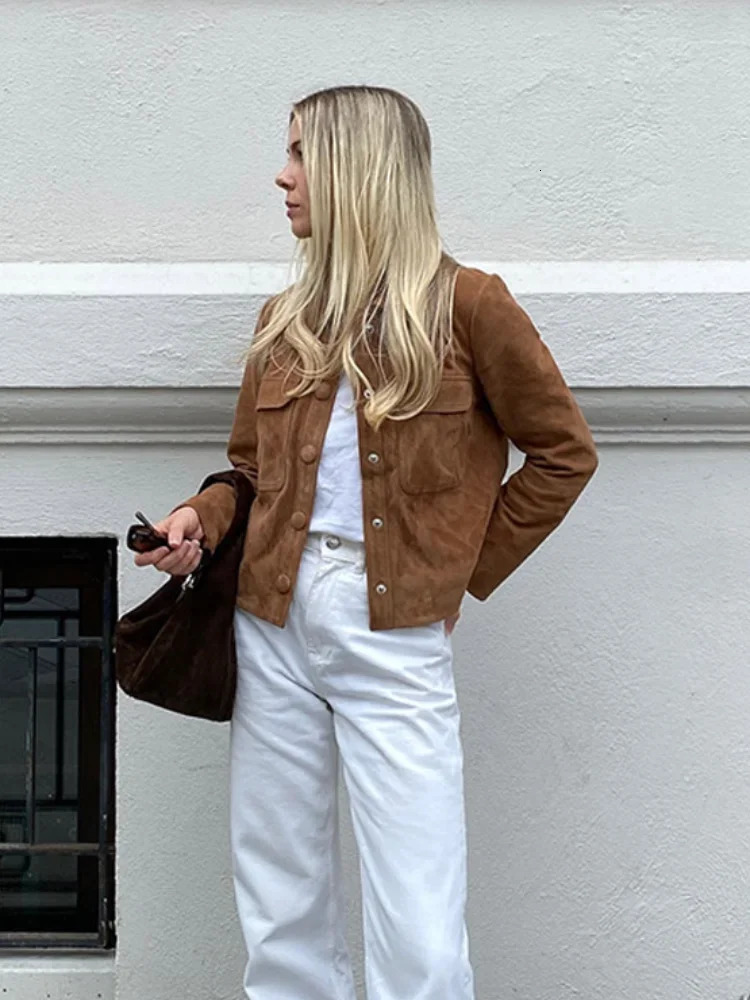 Fashion Brown Slim Fit Suede Short Jackets Womens Vintage Single Breasted Long Sleeves Cropped Coats Chic Lady Autumn Outerwear 241106