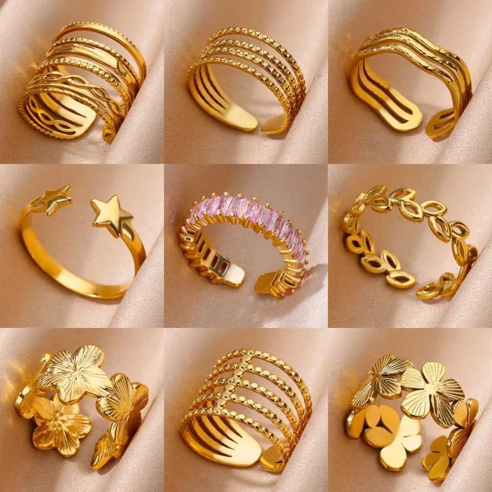 Luxury floral Mti layer wide ring suitable for text doors gold stainless steel ring fashionable jewelry gift Anillos Mujer new X241106