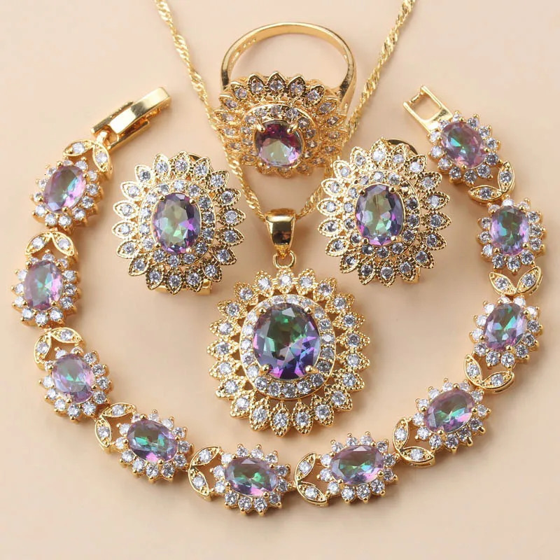 African Wedding Necklace Sunflower Jewelry Set 18K Gold Plated Womens Earrings Charm Bracelet and Ring Bridal Clothing 241106
