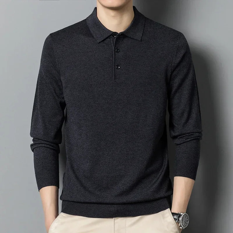 Mens Autumn Long-Sleeved Wool Blend Solid Color Polo Pullover Sweater with Lapel Casual Bottoming Sweater -Sizes M-4XL 241106