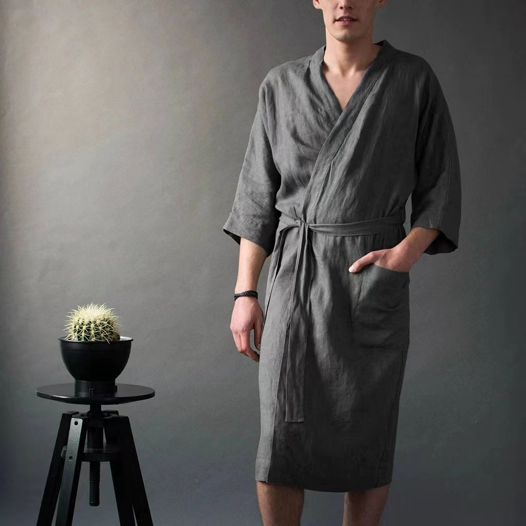 New men's long solid color linen sleepwear, nightgown, bathrobe style