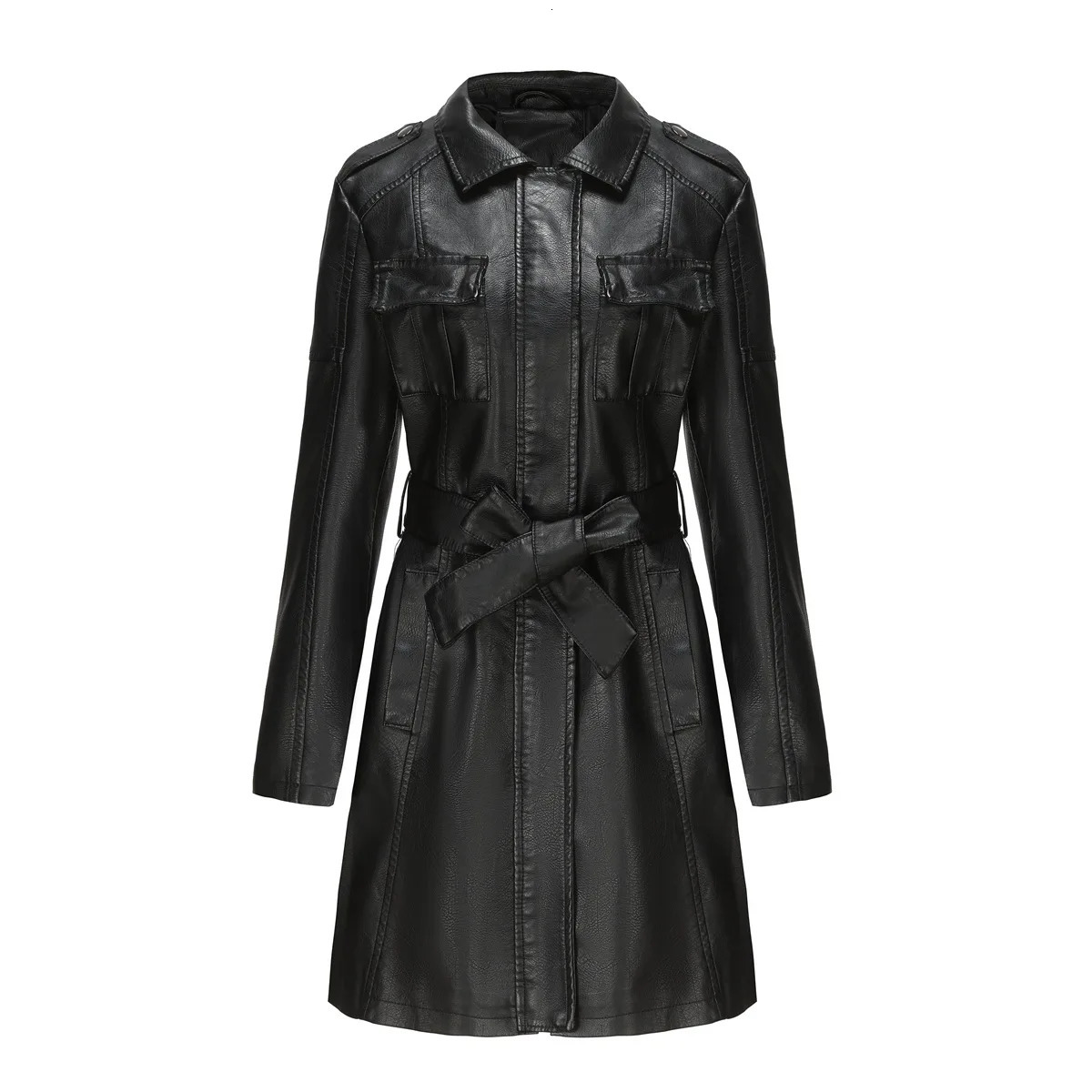 Womens Mid-length Leather Trench Coat with Belt 241106