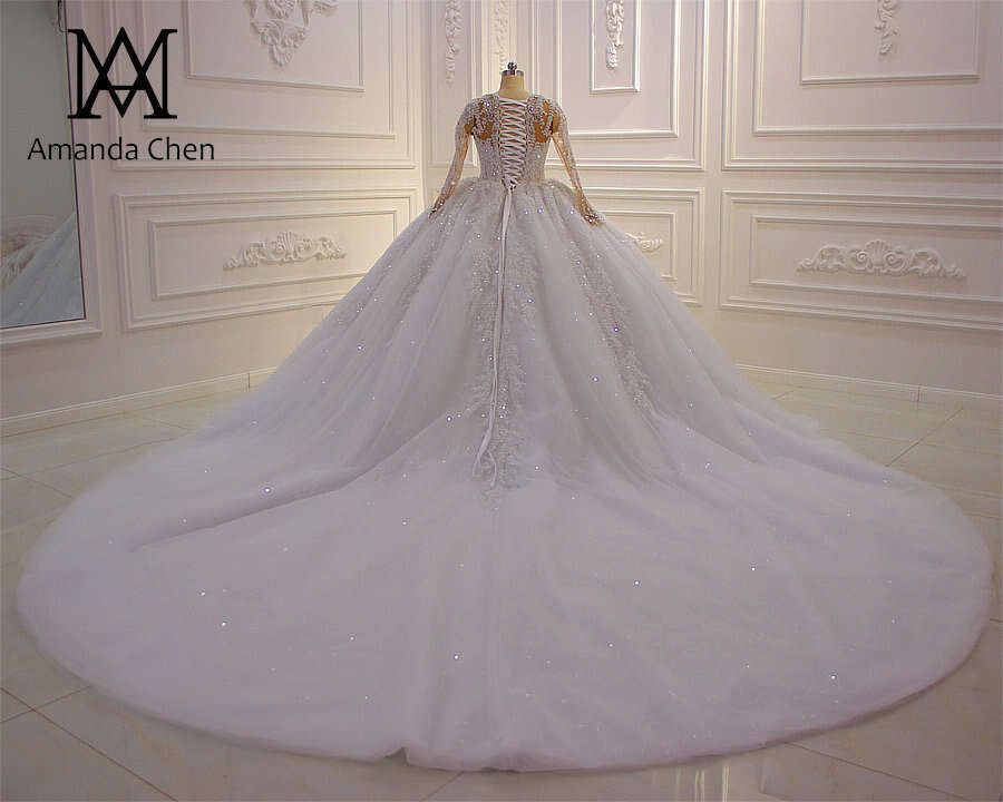 vestido de novia princesa Long Sleeve Lace Applique Rhie Crystal Pure White Wedding Dress
