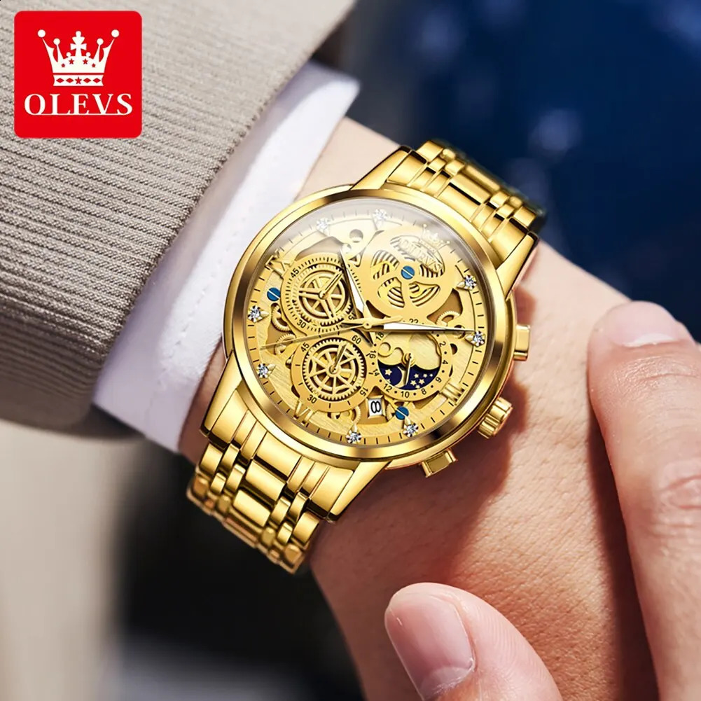 OLEVS Mens Watch Top Original Waterproof Quartz Watch Mens Gold Skeleton Style 24-hour Day and Night Watch 241105