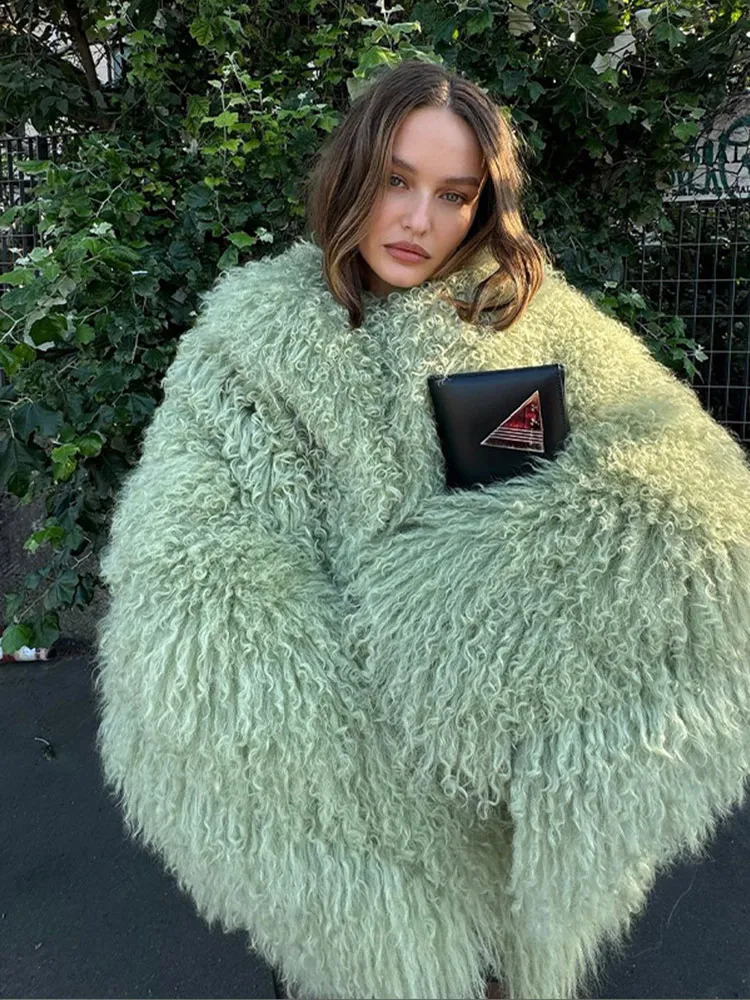 Oversize Green Faux Fur Short Jacket Coat Women Warm Thickened Fluffy Loose Long Sleeve Cardigan Winter Lady Street Outwear 241104