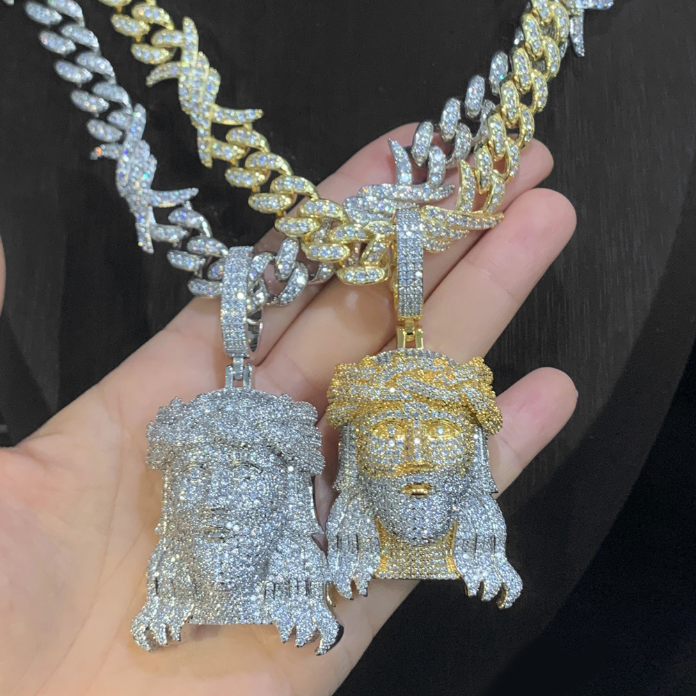 Hip Hop Jesus Face Pendant Necklace with Cuban Chain Jewelry Set 18k Gold Plated