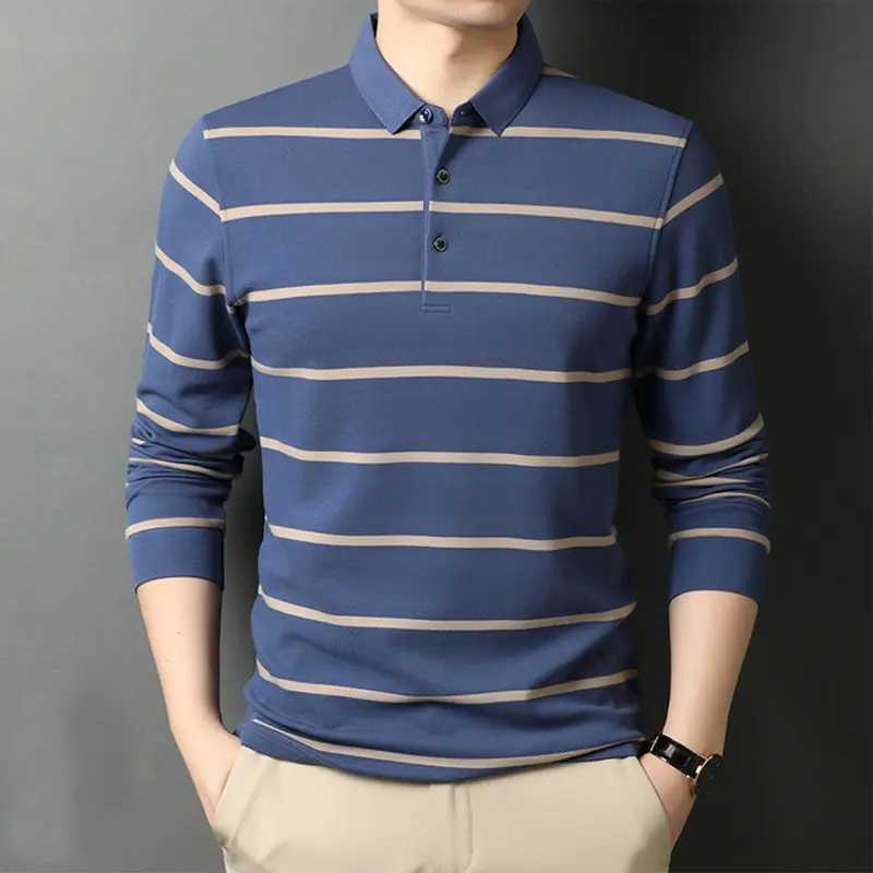 Fashion Mens Cotton Long Sv Shirt Spring and Autumn New Mens T-shirt Collar Basic Loose Casual Stripe Top 2022 W241106