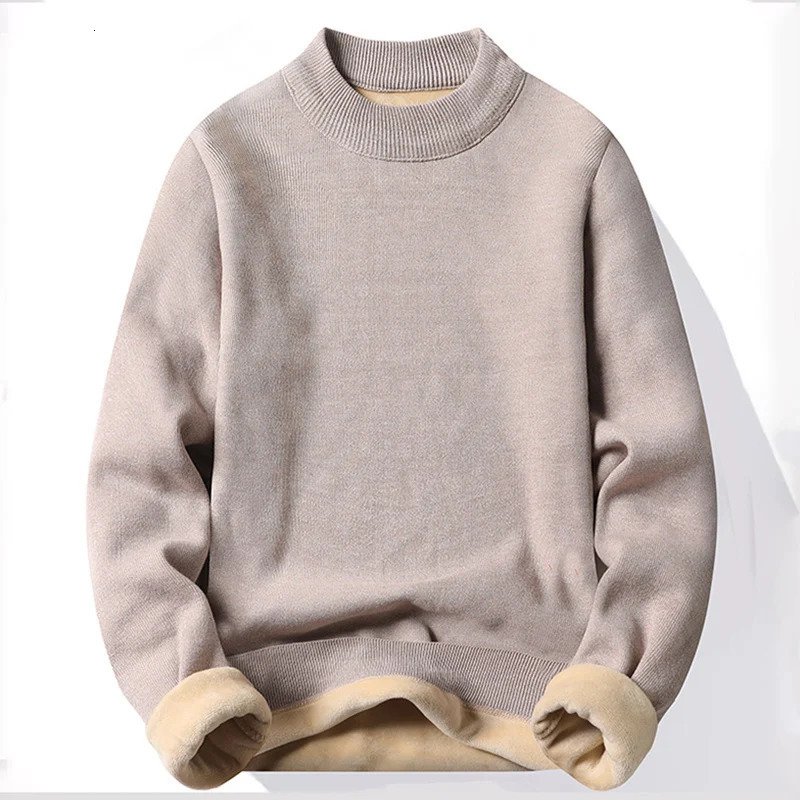 Winter Mens Knitted Sweater with A Half High Collar Solid Color Plush and Warm Knitted Lining Top Casual and Versatile Top 241106