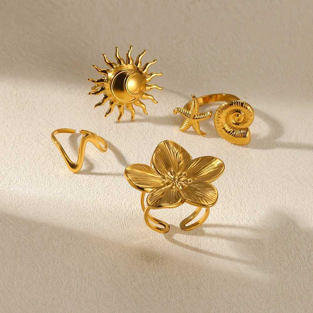 Elegant stainless steel Blo wreath suitable for gold colored sun starfish open rings finger jewelry weddings and punk gifts X241106