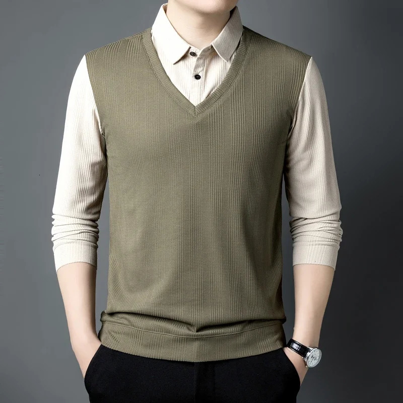 Mens Casual Fashion Long Sleeved Solid Color Blocked Two-piece Polo Shirt Comfortable All Season Versatile Top 241106