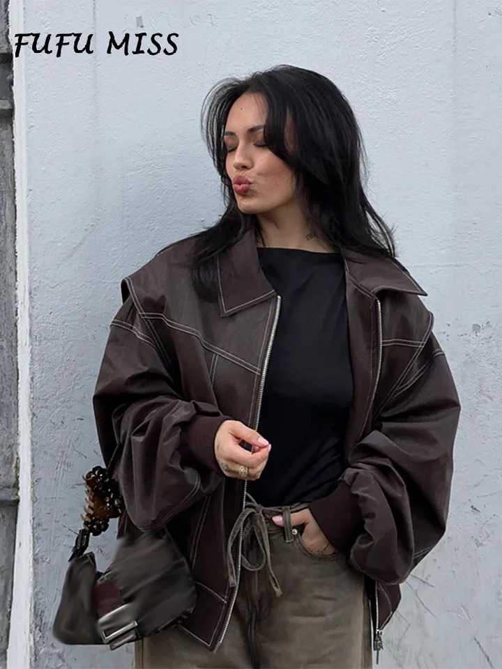 Vintage Solid Lapel Leather Jacket Women Long Sleeve Zipped Pocket Loose Coat 2024 Autumn Lady High Street Locomotive Outerwear 241106