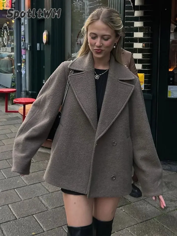 Women Autumn Winter Solid Double Breasted Wool Coat Lapel Long Sleeves Short Blazer Jacket Fashion Lady Warm Chic Outerwear 241106