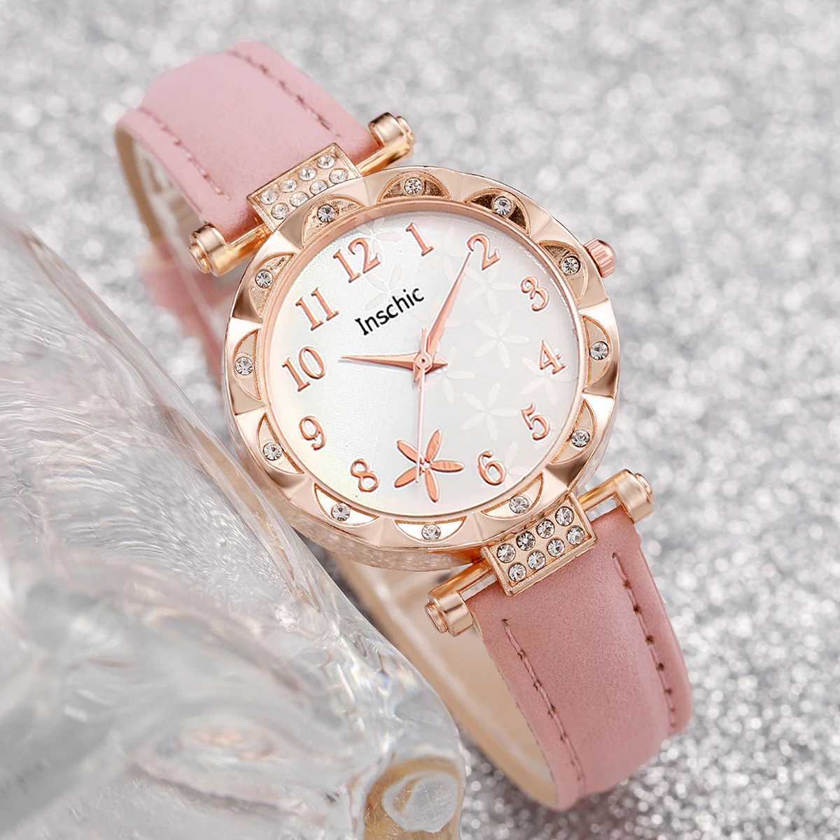 6-piece/set temperature watch fashionable floral leather strap simulated quartz watch jewelry set (no box) X241106